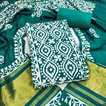 women's sea green unstitched banarasi cotton dress material with emblished dupatta 1
