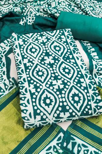 women's sea green unstitched banarasi cotton dress material with emblished dupatta