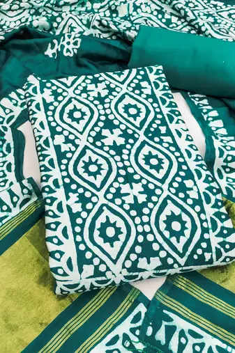 women's sea green unstitched banarasi cotton dress material with emblished dupatta