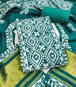 women's sea green unstitched banarasi cotton dress material with emblished dupatta