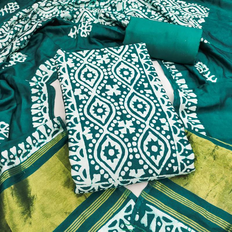 women's sea green unstitched banarasi cotton dress material with emblished dupatta