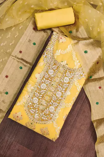 women's mustard unstitched banarasi cotton dress material with woven dupatta