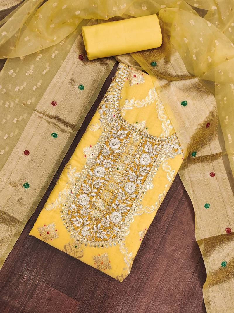 women's mustard unstitched banarasi cotton dress material with woven dupatta