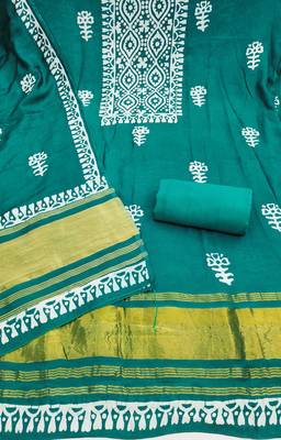 women's sea green unstitched banarasi cotton dress material with emblished dupatta 2