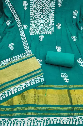 women's sea green unstitched banarasi cotton dress material with emblished dupatta