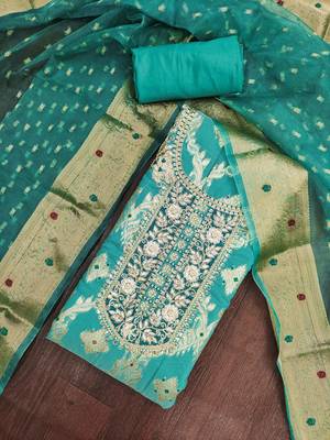 women's sea green unstitched banarasi cotton dress material with woven dupatta 4