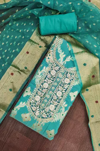 women's sea green unstitched banarasi cotton dress material with woven dupatta