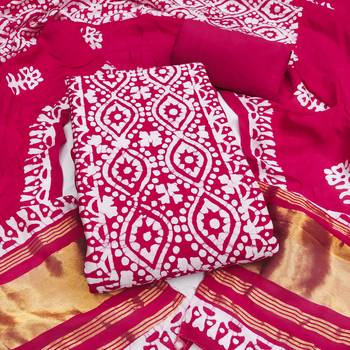 women's magenta unstitched banarasi cotton dress material with emblished dupatta 1