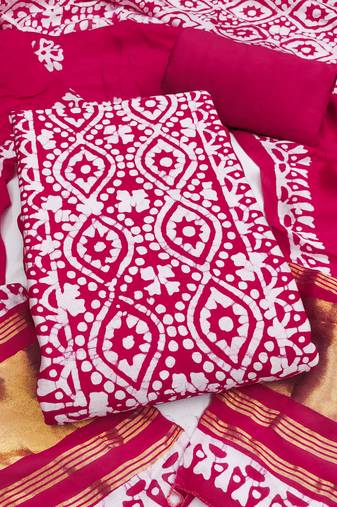 women's magenta unstitched banarasi cotton dress material with emblished dupatta