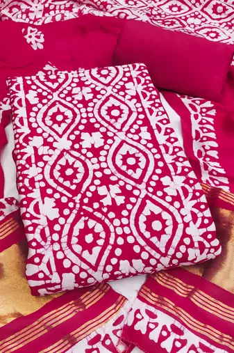 women's magenta unstitched banarasi cotton dress material with emblished dupatta