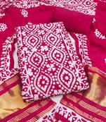 women's magenta unstitched banarasi cotton dress material with emblished dupatta