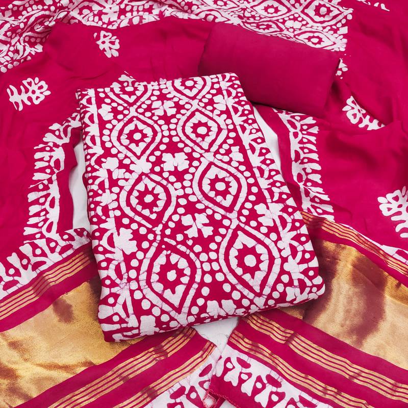 women's magenta unstitched banarasi cotton dress material with emblished dupatta