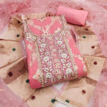 women's pink unstitched banarasi cotton dress material with woven dupatta 1