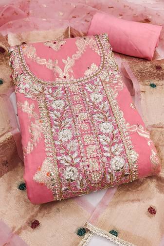 women's pink unstitched banarasi cotton dress material with woven dupatta