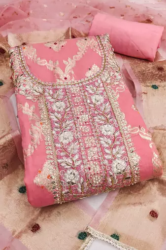 women's pink unstitched banarasi cotton dress material with woven dupatta