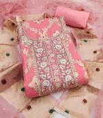women's pink unstitched banarasi cotton dress material with woven dupatta