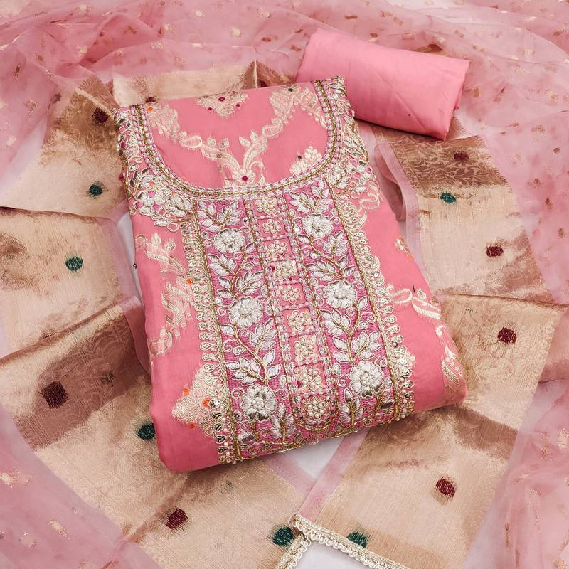 women's pink unstitched banarasi cotton dress material with woven dupatta