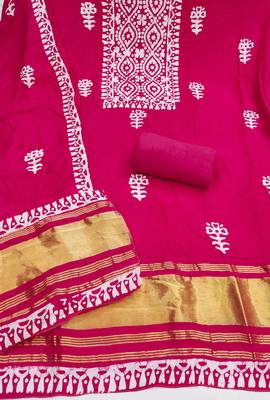 women's magenta unstitched banarasi cotton dress material with emblished dupatta 2