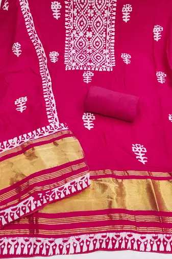 women's magenta unstitched banarasi cotton dress material with emblished dupatta
