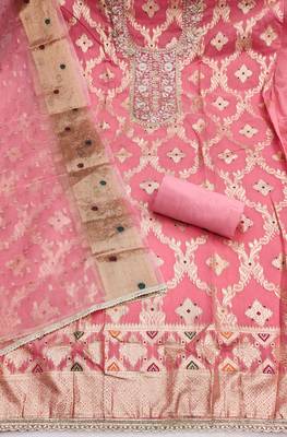 women's pink unstitched banarasi cotton dress material with woven dupatta 2
