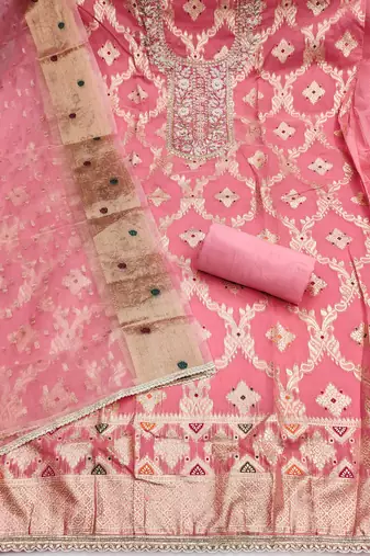 women's pink unstitched banarasi cotton dress material with woven dupatta