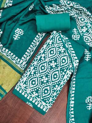 women's sea green unstitched banarasi cotton dress material with emblished dupatta 4