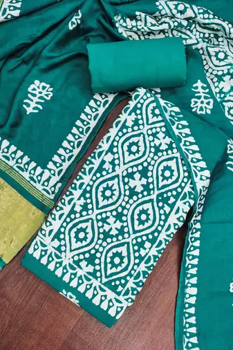 women's sea green unstitched banarasi cotton dress material with emblished dupatta