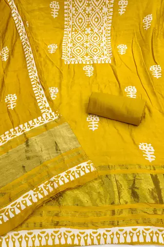 women's light green unstitched banarasi cotton dress material & emblished dupatta