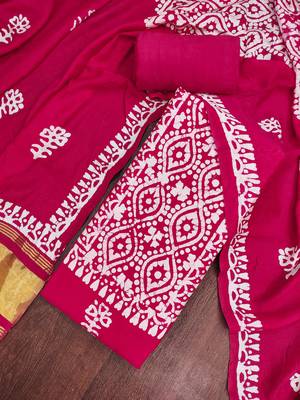 women's magenta unstitched banarasi cotton dress material with emblished dupatta 4