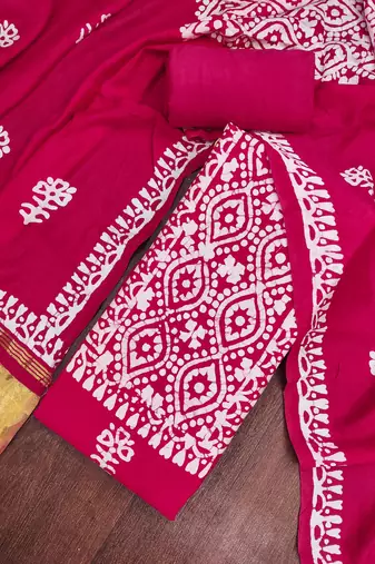 women's magenta unstitched banarasi cotton dress material with emblished dupatta
