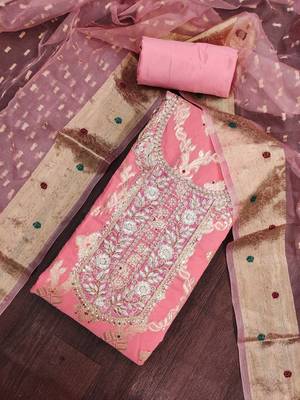 women's pink unstitched banarasi cotton dress material with woven dupatta 4