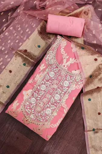 women's pink unstitched banarasi cotton dress material with woven dupatta