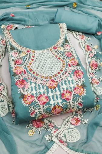 women's sea green unstitched p v cotton silk dress material & embroidered dupatta