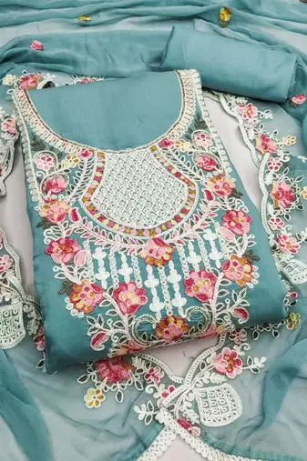 women's sea green unstitched p v cotton silk dress material & embroidered dupatta