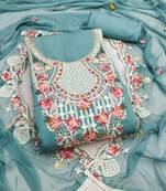 women's sea green unstitched p v cotton silk dress material & embroidered dupatta
