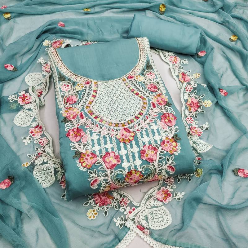 women's sea green unstitched p v cotton silk dress material & embroidered dupatta