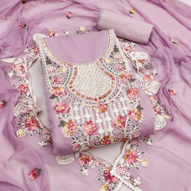 women's lavender unstitched p v cotton silk dress material & embroidered dupatta