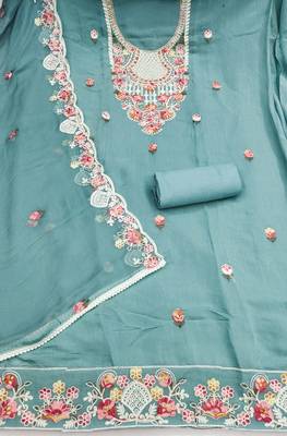 women's sea green unstitched p v cotton silk dress material & embroidered dupatta 2