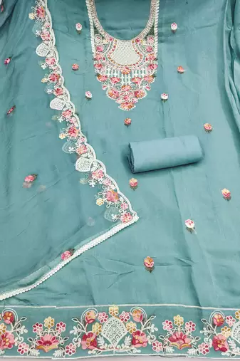 women's sea green unstitched p v cotton silk dress material & embroidered dupatta