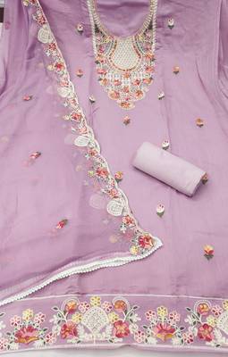 women's lavender unstitched p v cotton silk dress material & embroidered dupatta 2