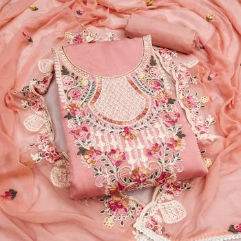women's peach unstitched p v cotton silk dress material with embroidered dupatta 1