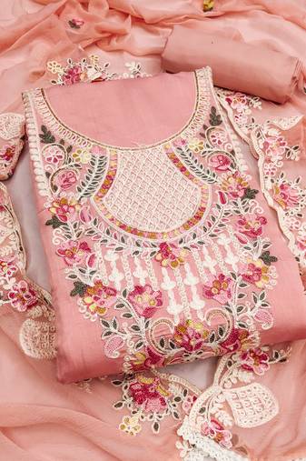 women's peach unstitched p v cotton silk dress material with embroidered dupatta