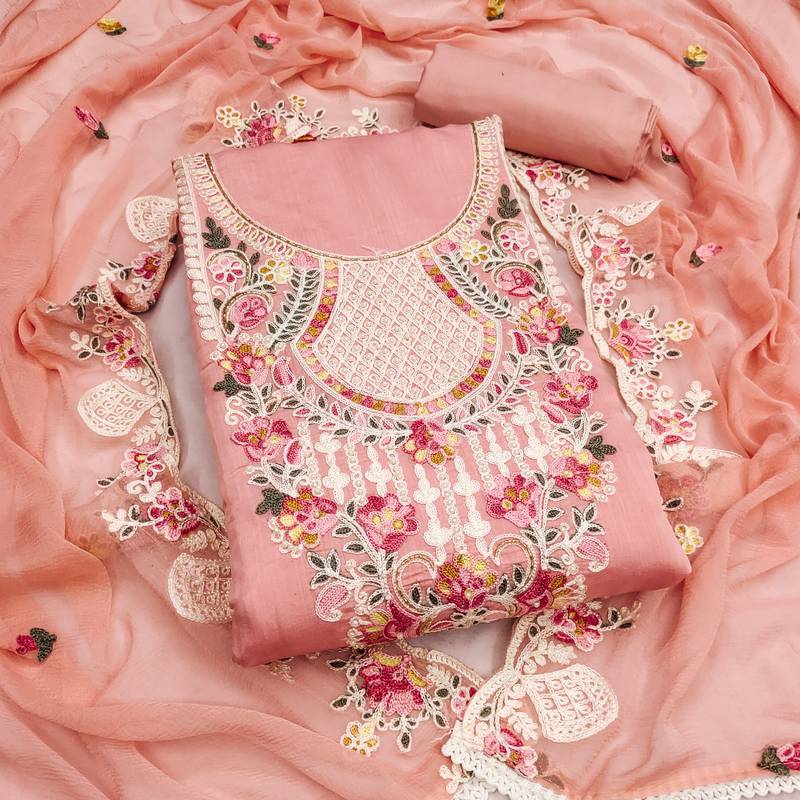 women's peach unstitched p v cotton silk dress material with embroidered dupatta