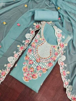 women's sea green unstitched p v cotton silk dress material & embroidered dupatta 4