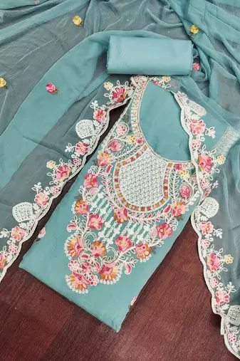 women's sea green unstitched p v cotton silk dress material & embroidered dupatta