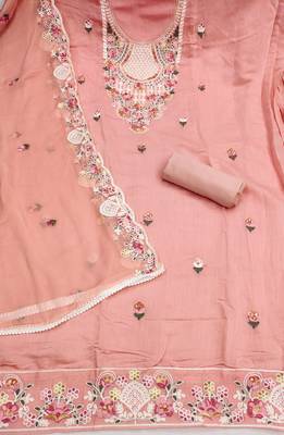 women's peach unstitched p v cotton silk dress material with embroidered dupatta 2