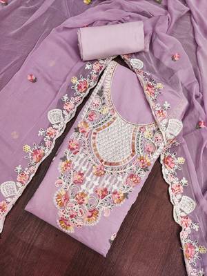 women's lavender unstitched p v cotton silk dress material & embroidered dupatta 4