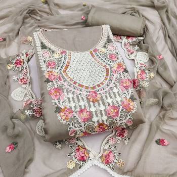 women's grey unstitched p v cotton silk dress material with embroidered dupatta 1