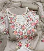 women's grey unstitched p v cotton silk dress material with embroidered dupatta