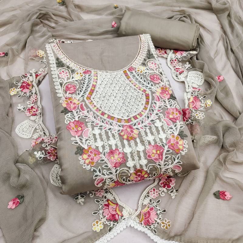 women's grey unstitched p v cotton silk dress material with embroidered dupatta